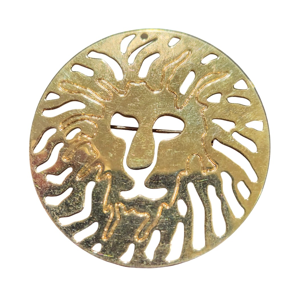Anne Klein Lion Head Brooch Gold Tone Cutout Circular‎ Vintage Style Pin 2 Inch